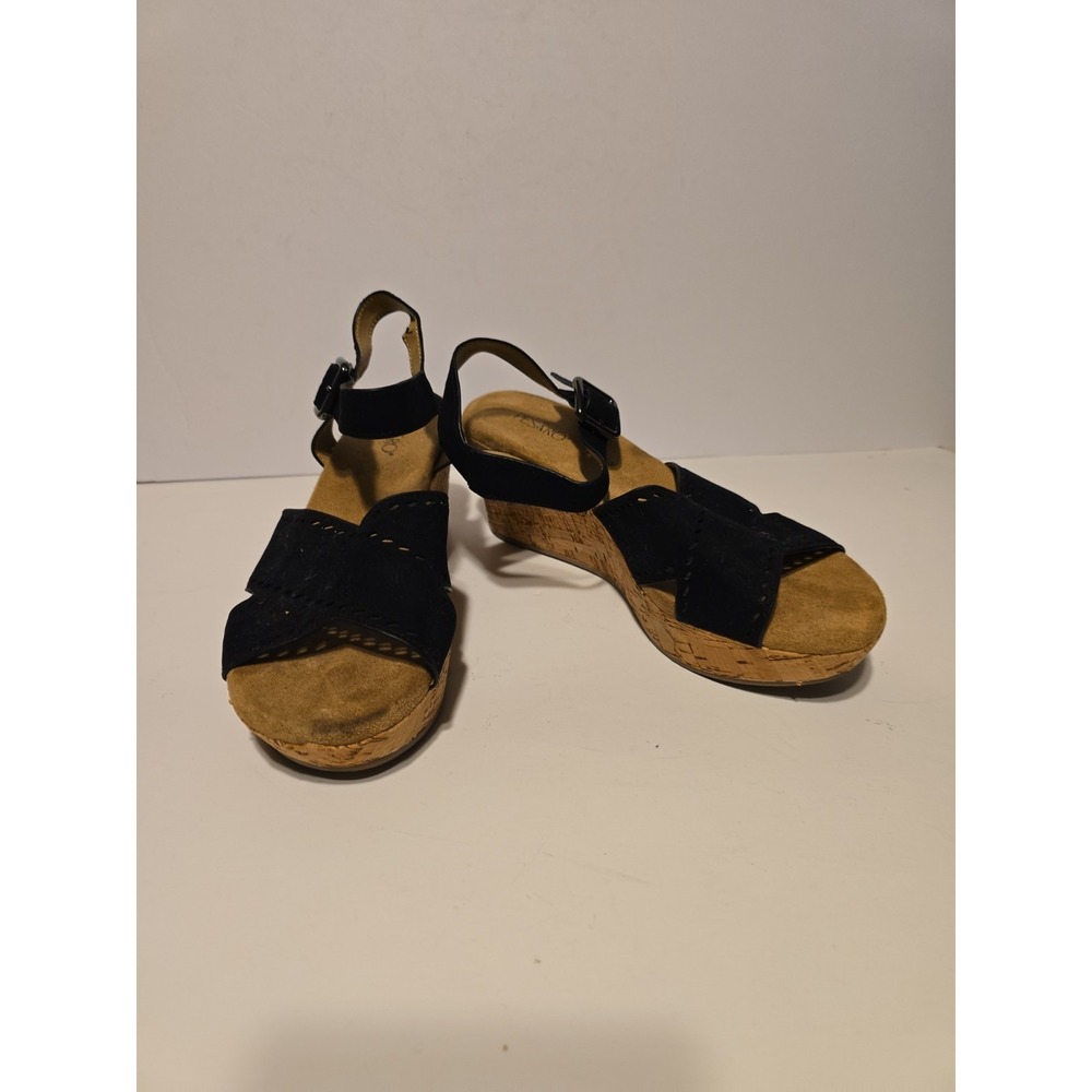 Pesaro Black Cork Wedge Sandals Womens Size 8 Ankle Strap Platform Shoes